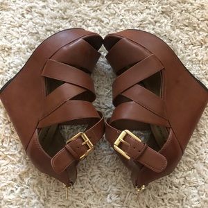 WORN ONCE Tan Strappy Platform Wedges